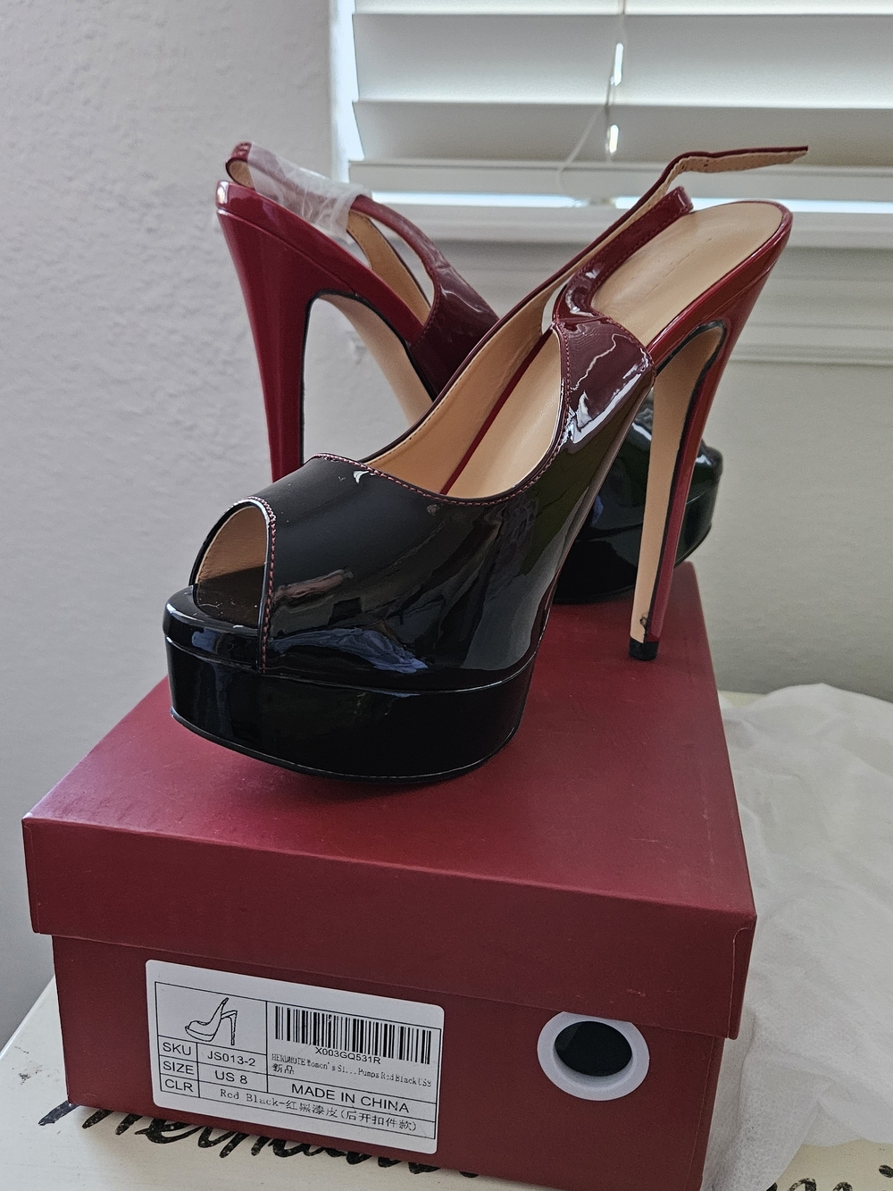 Women’s Red and Black Patent Peep-Toe High Heel Slingbacks